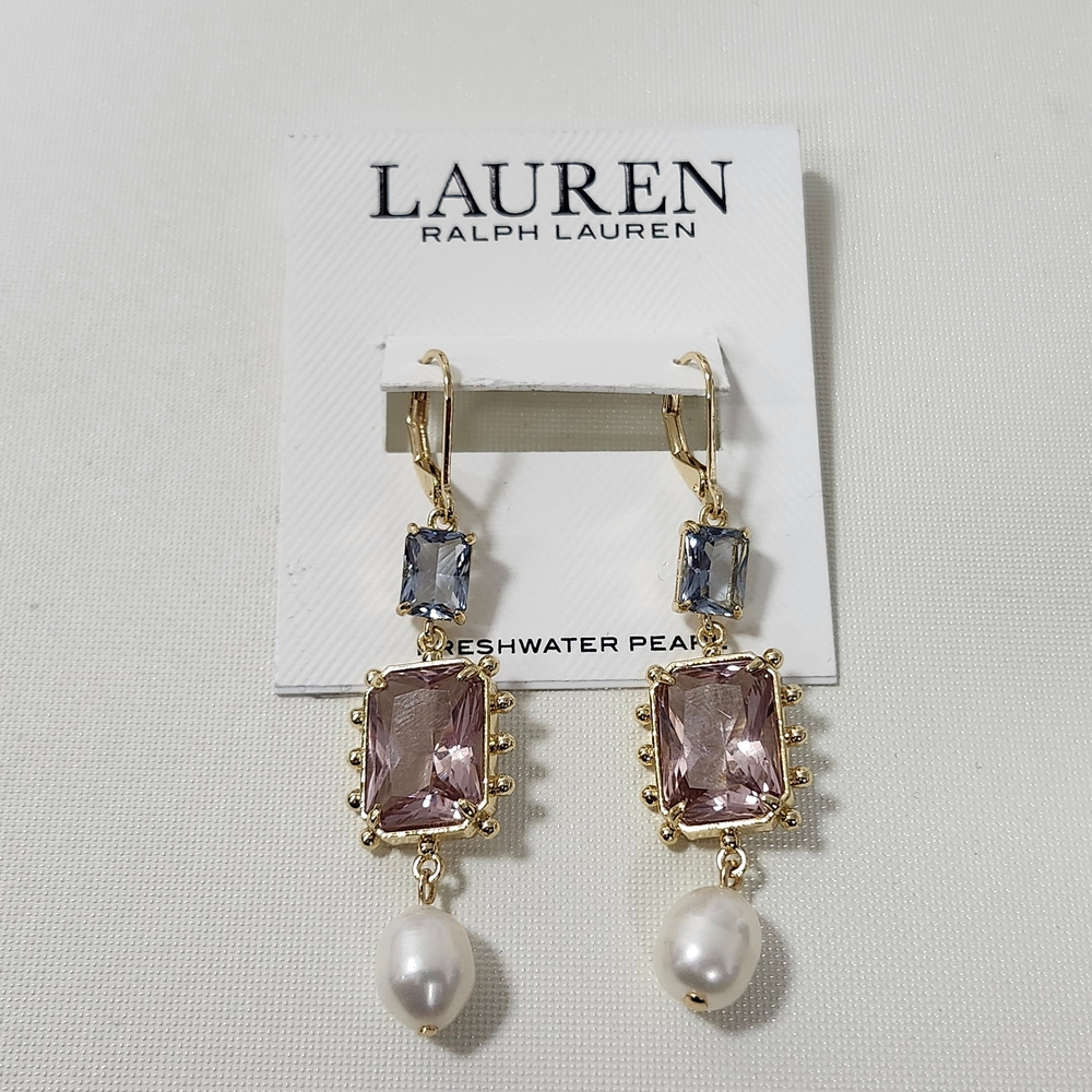 NWT Ralph Lauren Gold-Tone Stone & Freshwater Pearl Triple Drop Earrings